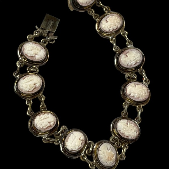 Vintage 800 Silver shell Cameo link bracelet appx 1930s - Picture 9 of 10